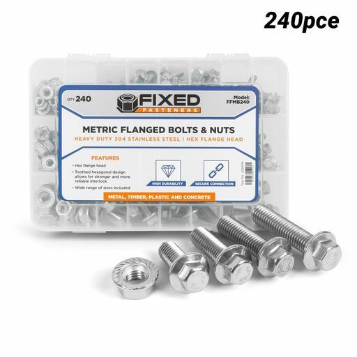 Fixed Fasteners FFMB240 240pce Heavy Duty Stainless Steel Metric Flanged Bolts and Nuts