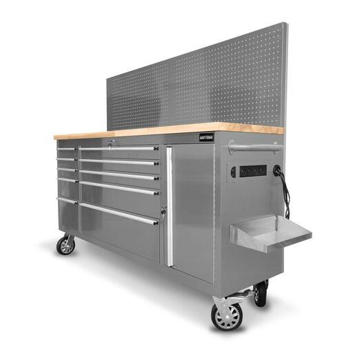 Daytona DTWBSS72P 1828mm (72") Silver Series 10 Drawer Trolley Work Bench with Peg Board & Powerboard