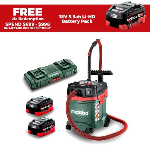 Metabo AU60207300 36V (18V x 2) 5.5Ah Li-ion Cordless Brushless 30L Wet & Dry L-Class Vacuum Cleaner Combo Kit