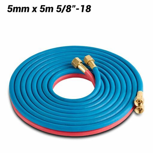Cigweld 208693 5mm x 5m 5/8"-18 UNF RH + LH Both Ends BlueJet RBX Fitted Gas Hose Oxy/Acet