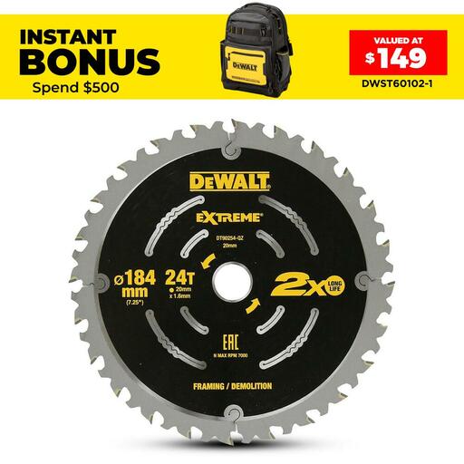 DeWalt DT90254-QZ 184mm (7") 24T Extreme Demolition Circular Saw Blade