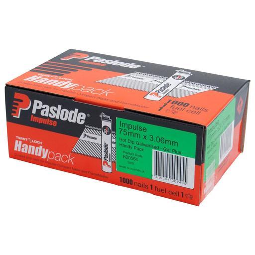 Paslode B20554 1000 Handy Pack 75mm x 3.06mm Hot Dipped Galvanised Impulse D Head Nails with Fuel