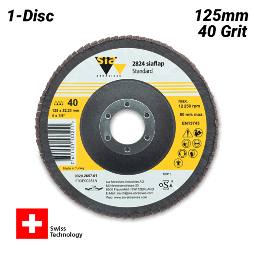Sia Abrasives 2824 (F03E00284N) 125mm x 22.23mm P40 Zirconia Abrasive Flap Disc