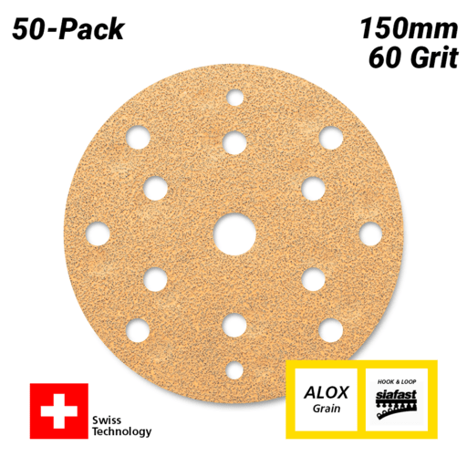 Sia Abrasives F03E02DD2Y 50-Pack 150mm 60 Grit Universal 15-Hole Hook & Loop Sanding Disc