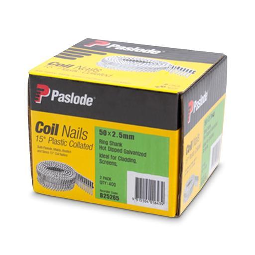 Paslode B25265 50mm x 2.5mm Ring Hot Dipped Galvanised Plastic Collated Coil Nails - 2 Pack