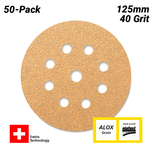 Sia Abrasives F03E02DD35 50-Pack 125mm 40 Grit Universal 9-Hole Hook & Loop Sanding Disc