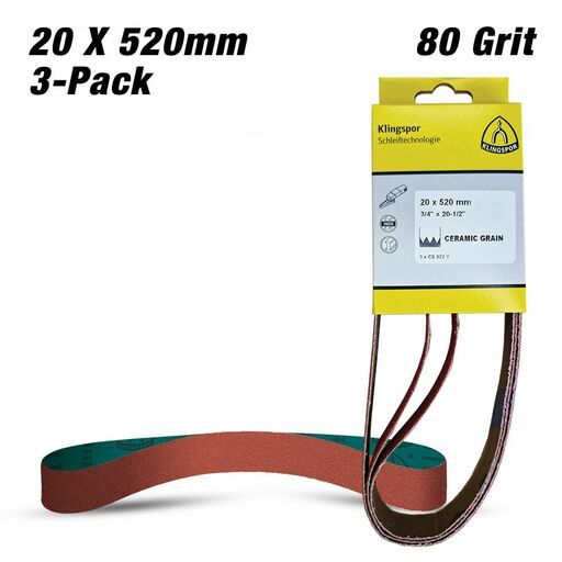 Klingspor 710202 3-Pack 20mm x 520mm 80 Grit Ceramic Abrasive Belt
