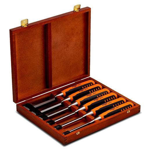 Bahco 424P-S6-EUR 6pce Woodworking Chisel Set with Rubberised Handles in Wooden Box