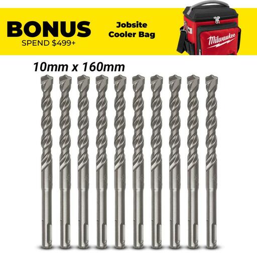 Milwaukee 4932371708 10-Pack 10mm x 160mm SDS-Plus TCT M2 2-Cutter Hammer Drill Bit