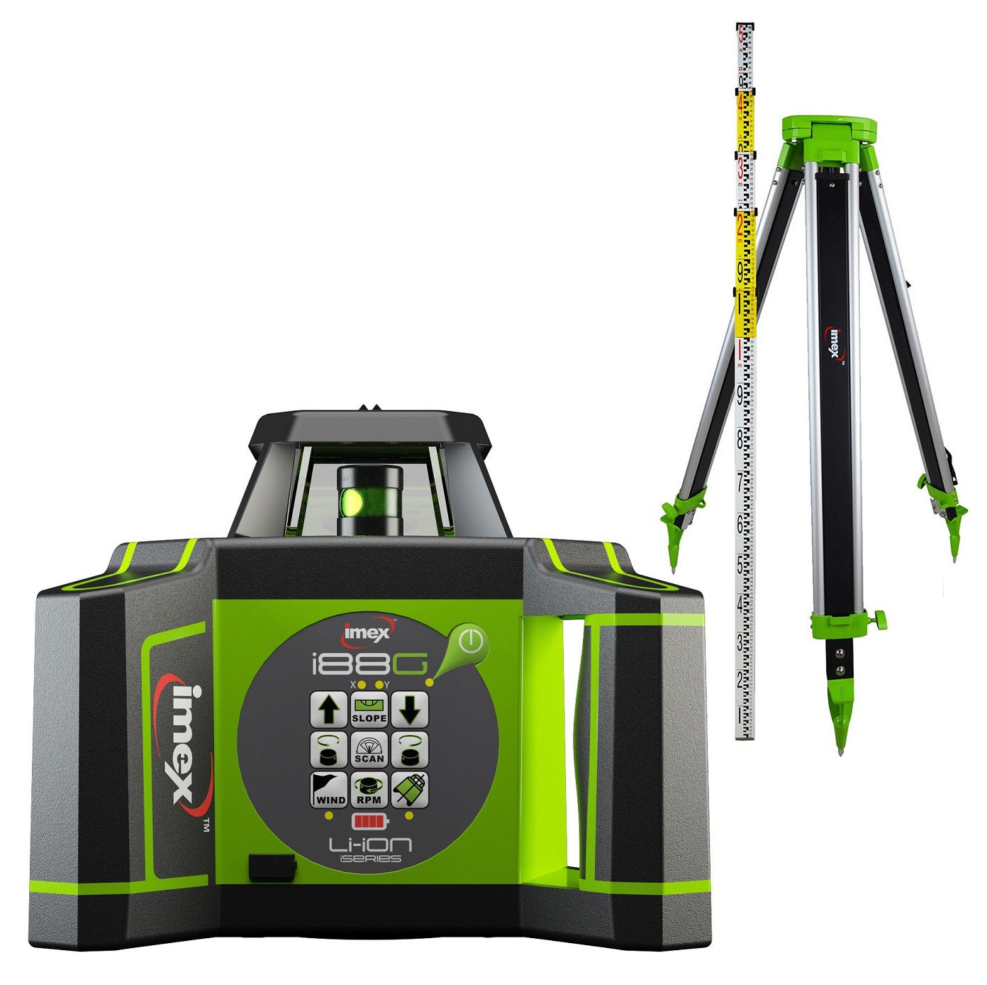 Imex I88G Next Generation Rotary Laser Level Green Beam Kit with Tripod & Staff & with a German Made LRX10 Receiver I88GK