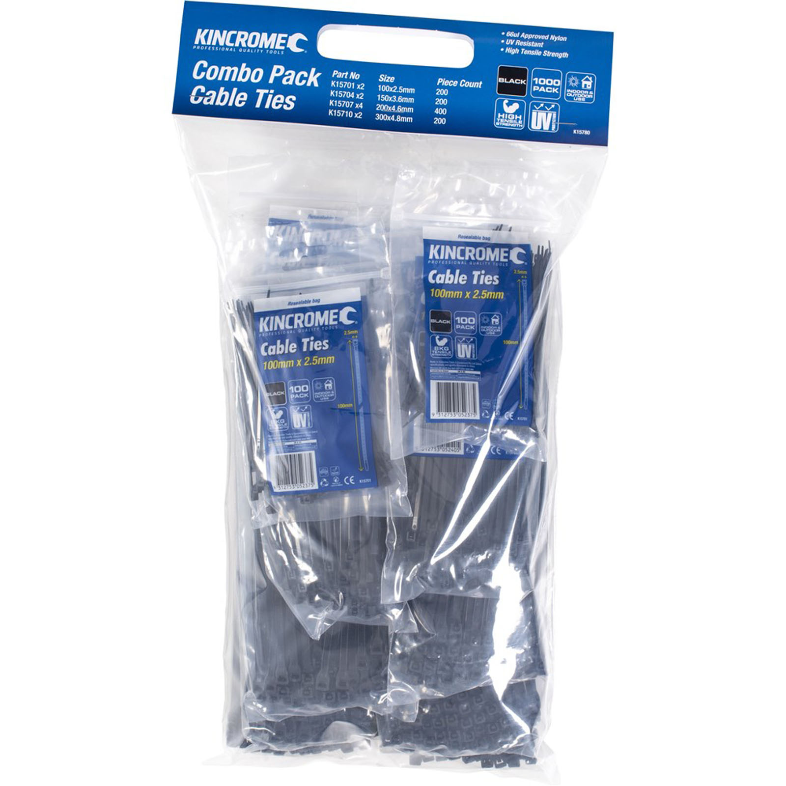 Kincrome K15780 Black Cable Tie Combo Pack 1000 Piece