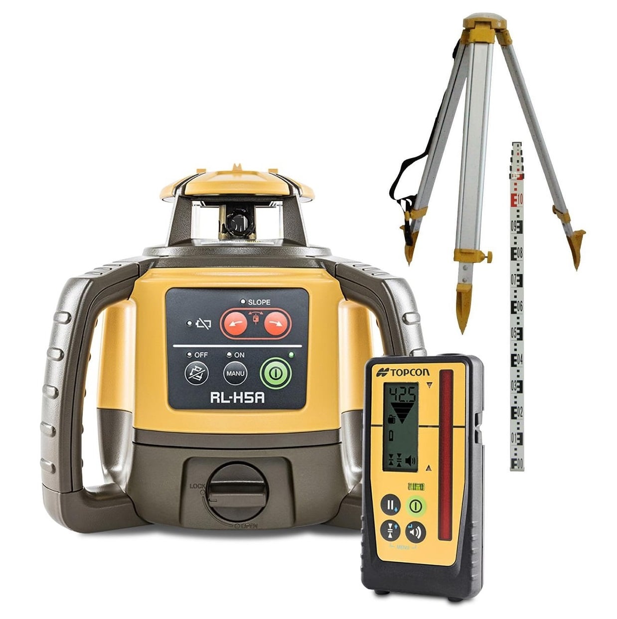 TOPCON RL-H5A Next Generation Red Beam Construction Rotary Laser Level Self-Leveling with LS-100D Receiver Bonus Tripod & Staff RL-H5A-LS-K